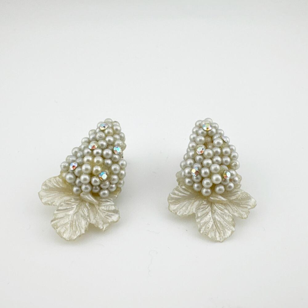 Vintage Faux Pearl &‎ Rhinestone Clip-On Grape Cluster Earrings